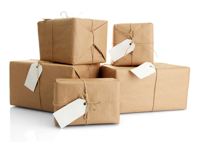 parcels boxes with kraft paper, isolated on white